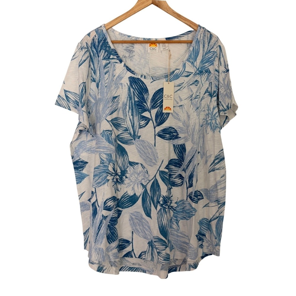 2X Botanical Floral Scoop-Neck Top C&C California Blue Coastal Resortwear NWT